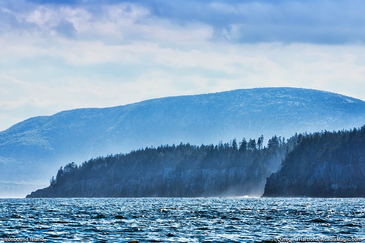 The southern sections of Ironbound Island in Frenchman Bay in Maine can be seen here with Champlain Mountain in the background.
