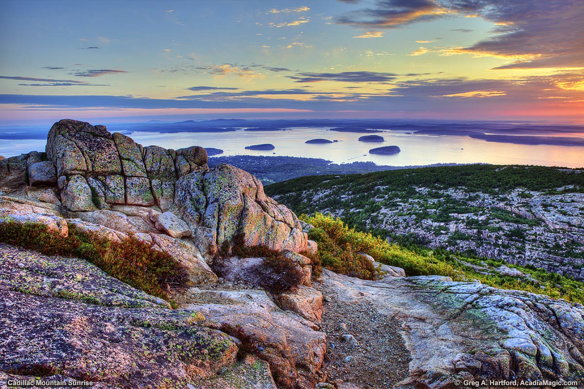 Sunrise over Bar Harbor, Maine from Cadillac Mountain in Acadia National Park