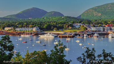 The view of Bar Harbor, Maine and Champlain Mountain from Bar Island