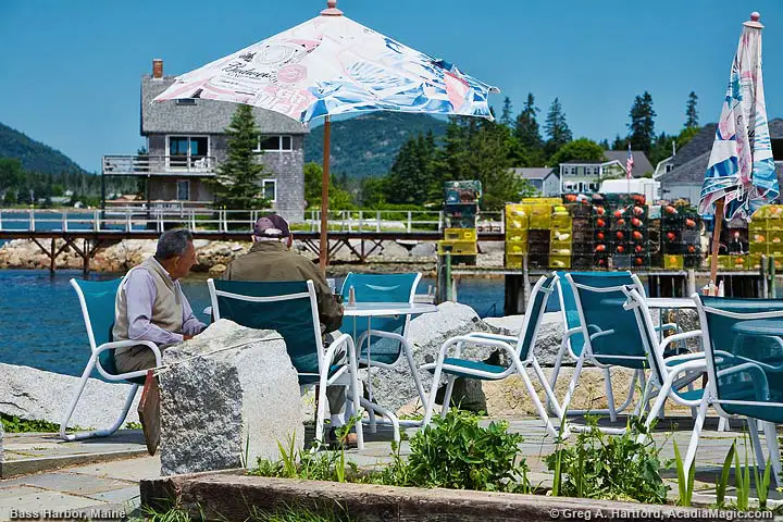 View oceanside dining in Bass Harbor, Maine.