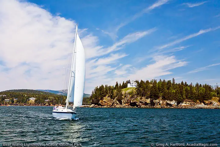 Sailing near the Bear Island Light in Acadia National Park