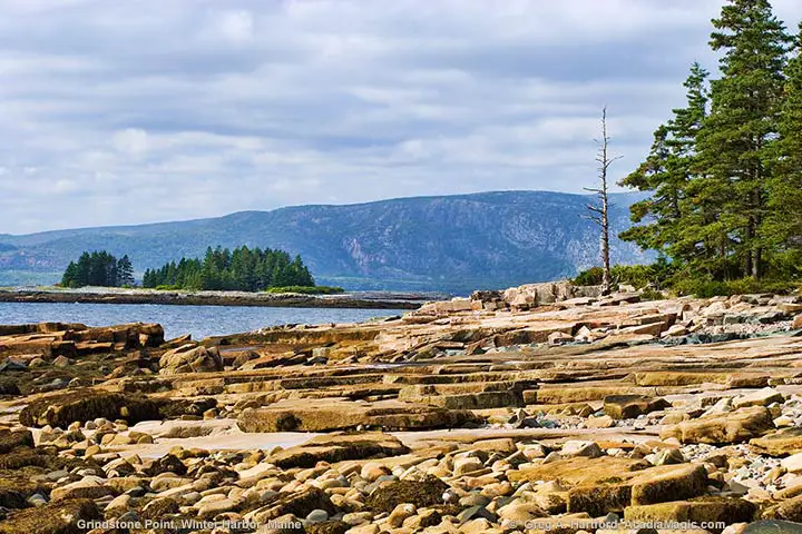 Grindstone Point with Mount Desert Island in the distance