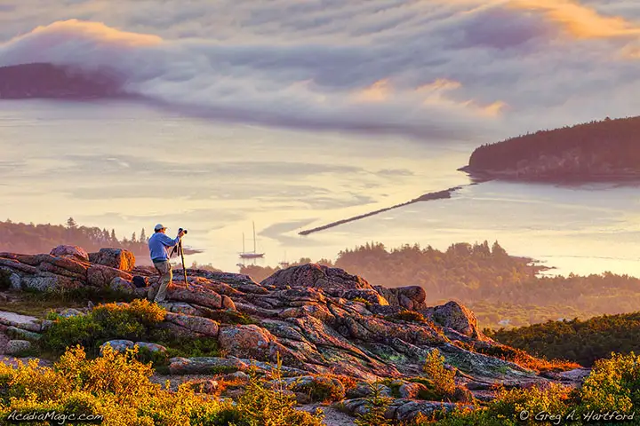 A photographer tries to catch a Bar Harbor sunrise