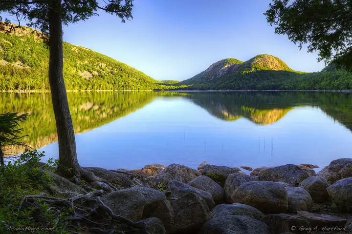 A very calm Jordan Pond in Acadia National Park