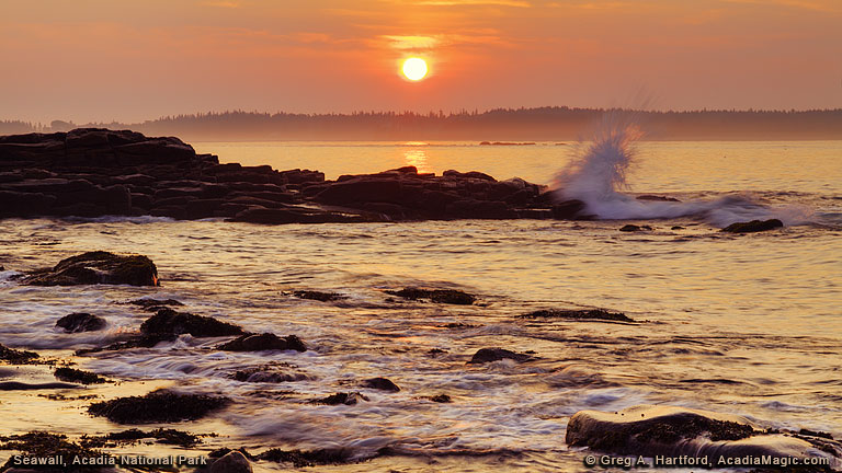 Seawall sunrise with wave in Acadia