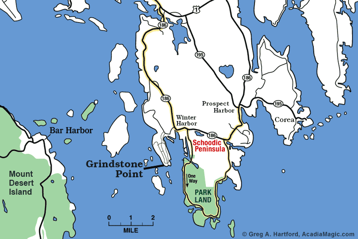 Location map of Grindstone Point in Winter Harbor, Maine